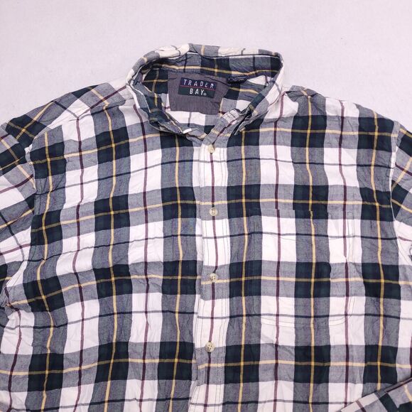 Trader Bay Tartan Flannel Casual Button Up Shirt Mens Size Large L White Green - Picture 1 of 10